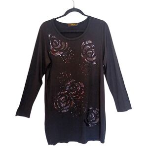 Xin‎ Black Sequin Rose Top Women's Size XL Long Tunic Long Sleeve Pullover